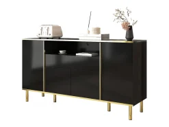 Aparador negro, Aparador de alto brillo con 4 puertas y 1 cajón, iluminación LED, para salón y comedor
