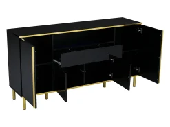 Aparador negro, Aparador de alto brillo con 4 puertas y 1 cajón, iluminación LED, para salón y comedor