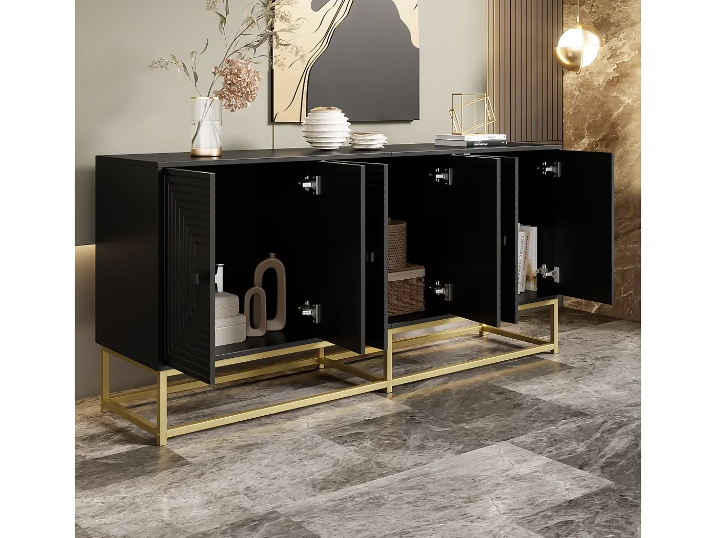 Aparador negro con 6 puertas - Gran espacio de almacenamiento - Patas doradas