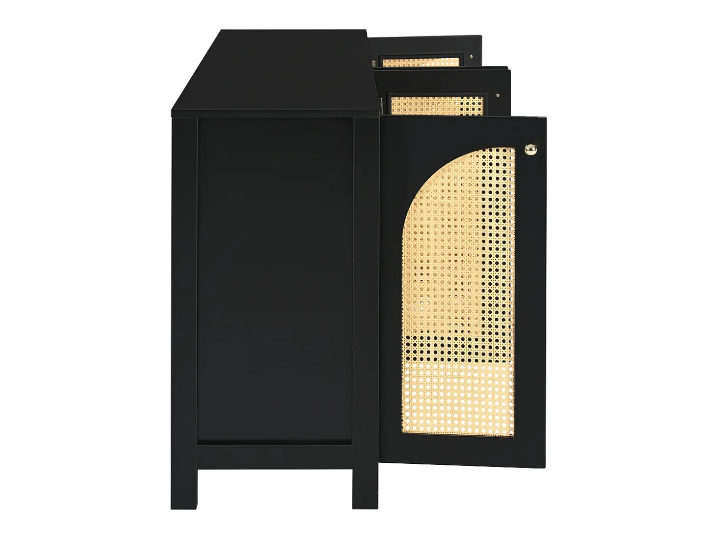 Aparador negro con 4 puertas de ratán y estantes regulables, tiradores de metal, para salón y comedor