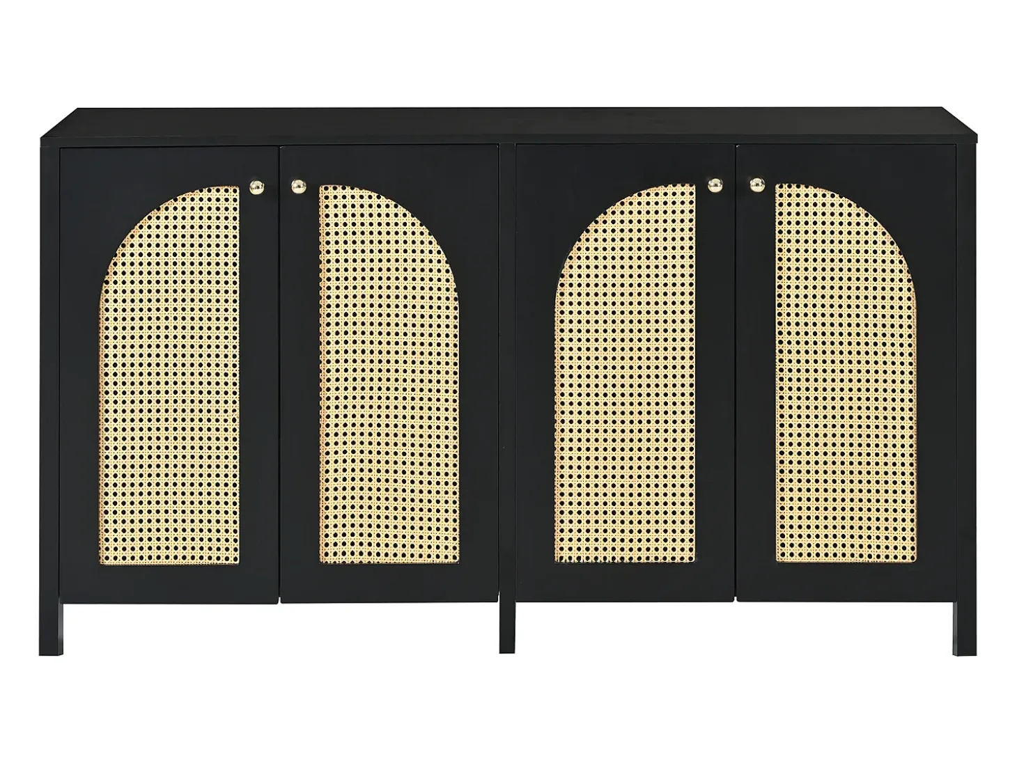 Aparador negro con 4 puertas de ratán y estantes regulables, tiradores de metal, para salón y comedor