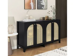 Aparador negro con 4 puertas de ratán y estantes regulables, tiradores de metal, para salón y comedor