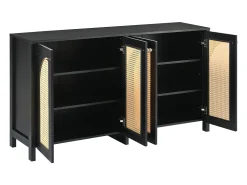 Aparador negro con 4 puertas de ratán y estantes regulables, tiradores de metal, para salón y comedor