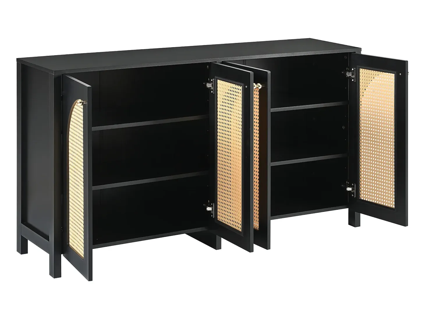 Aparador negro con 4 puertas de ratán y estantes regulables, tiradores de metal, para salón y comedor