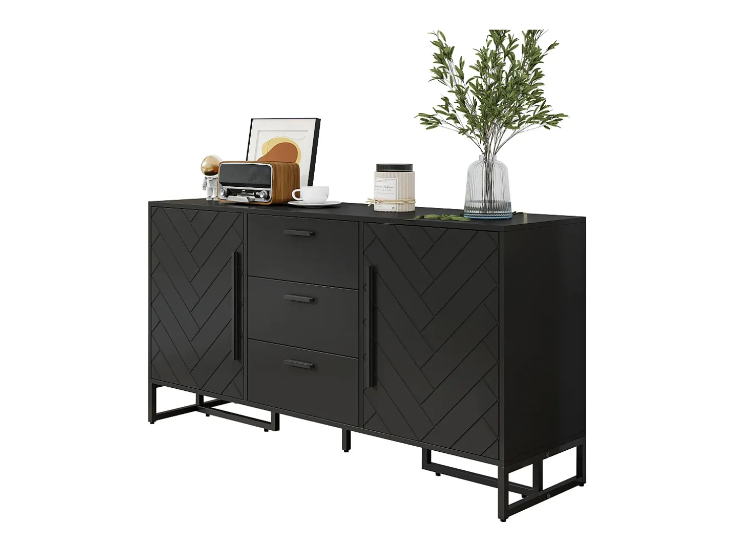 Aparador negro con 2 puertas y 3 cajones - Patrón Chevron