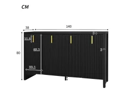 Aparador negro con 4 puertas a rayas y separadores ajustables, tiradores dorados