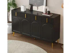 Aparador negro con 4 puertas y 4 cajones de almacenamiento, tiradores y patas doradas