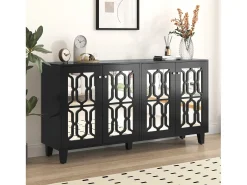Aparador negro con puertas de espejo, 4 puertas, cristales, MDF, negro (160x40x84 cm)