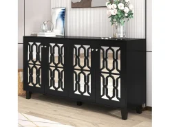 Aparador negro con puertas de espejo, 4 puertas, cristales, MDF, negro (160x40x84 cm)