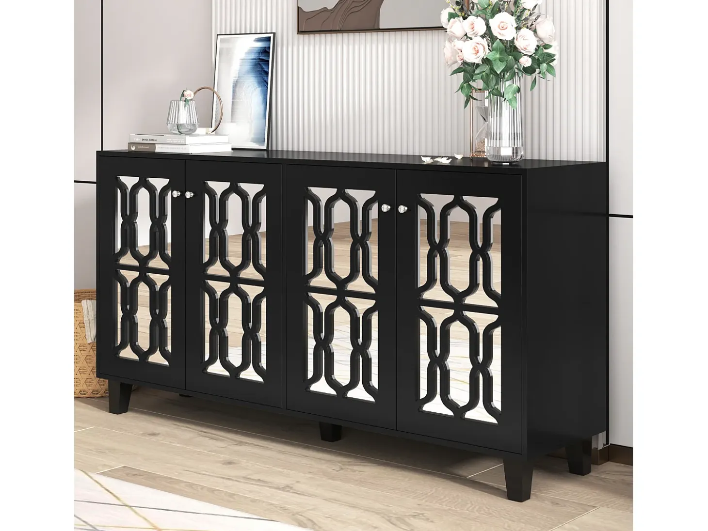 Aparador negro con puertas de espejo, 4 puertas, cristales, MDF, negro (160x40x84 cm)