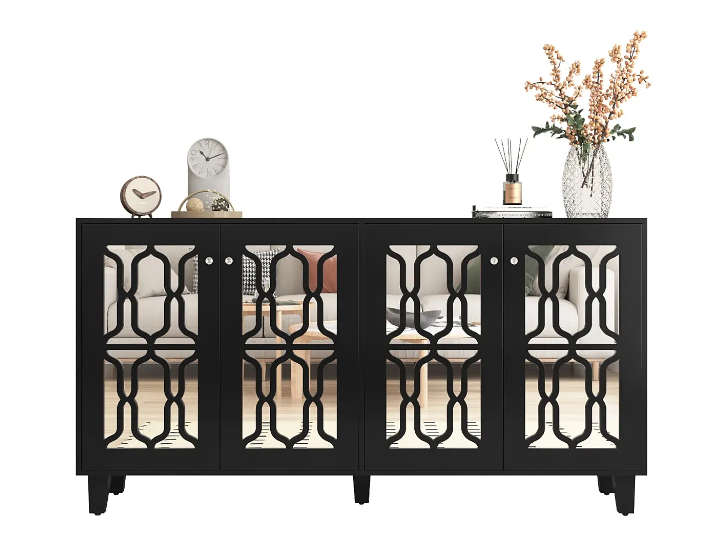 Aparador negro con puertas de espejo, 4 puertas, cristales, MDF, negro (160x40x84 cm)