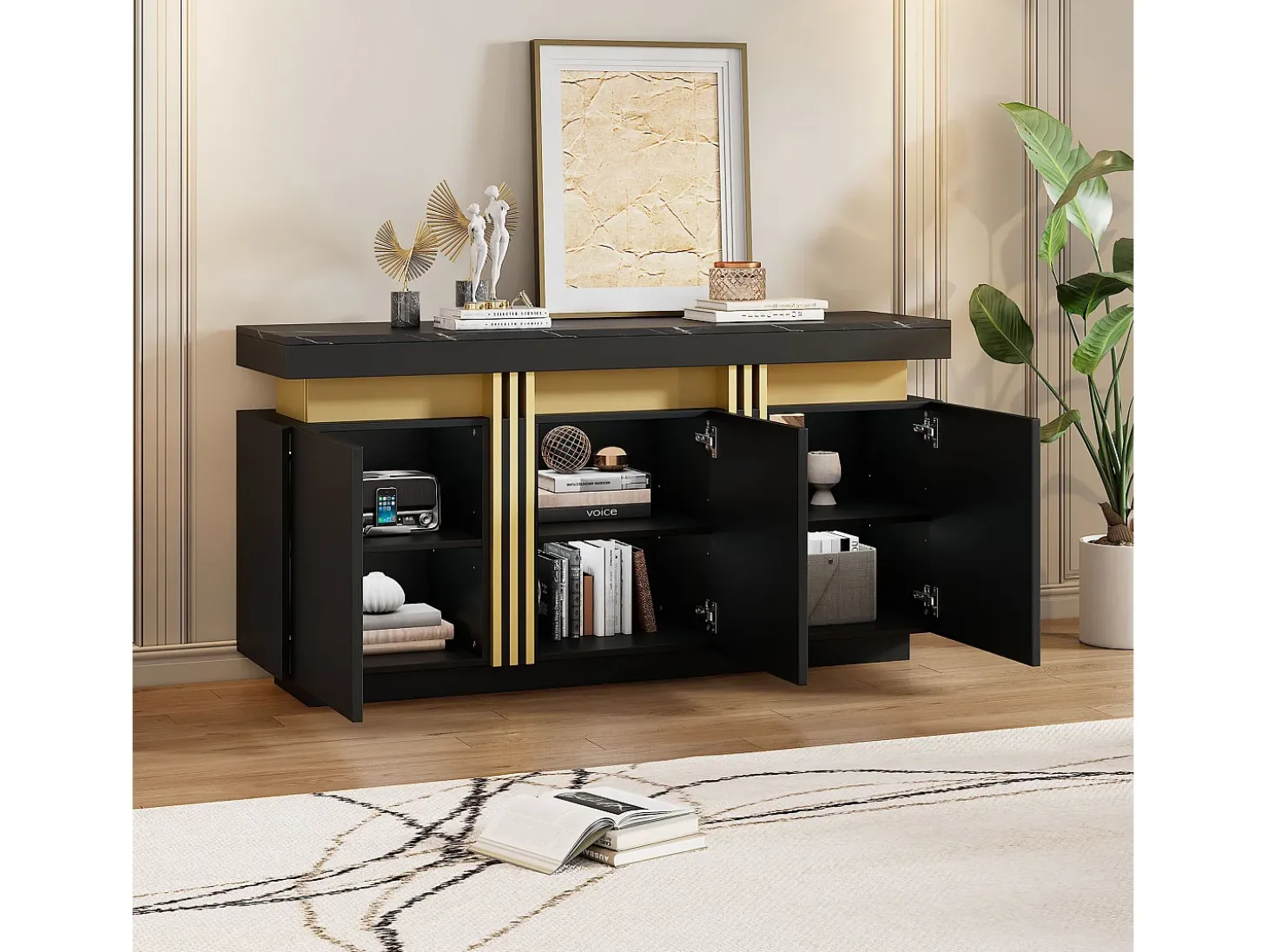 Aparador negro de 3 puertas y estantes regulables - para salón y comedor