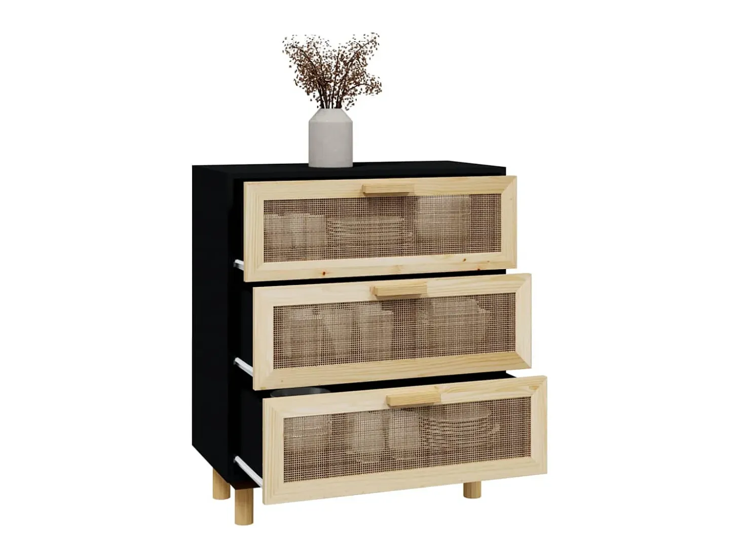 Aparador negro madera pino maciza y ratán natural 60x30x70 cm ES170923
