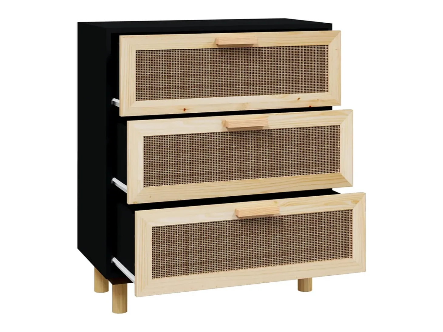 Aparador negro madera pino maciza y ratán natural 60x30x70 cm ES170923