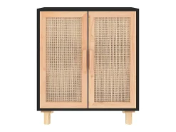 Aparador Negro 60x30x70 cm Madera maciza de pino y ratán natural