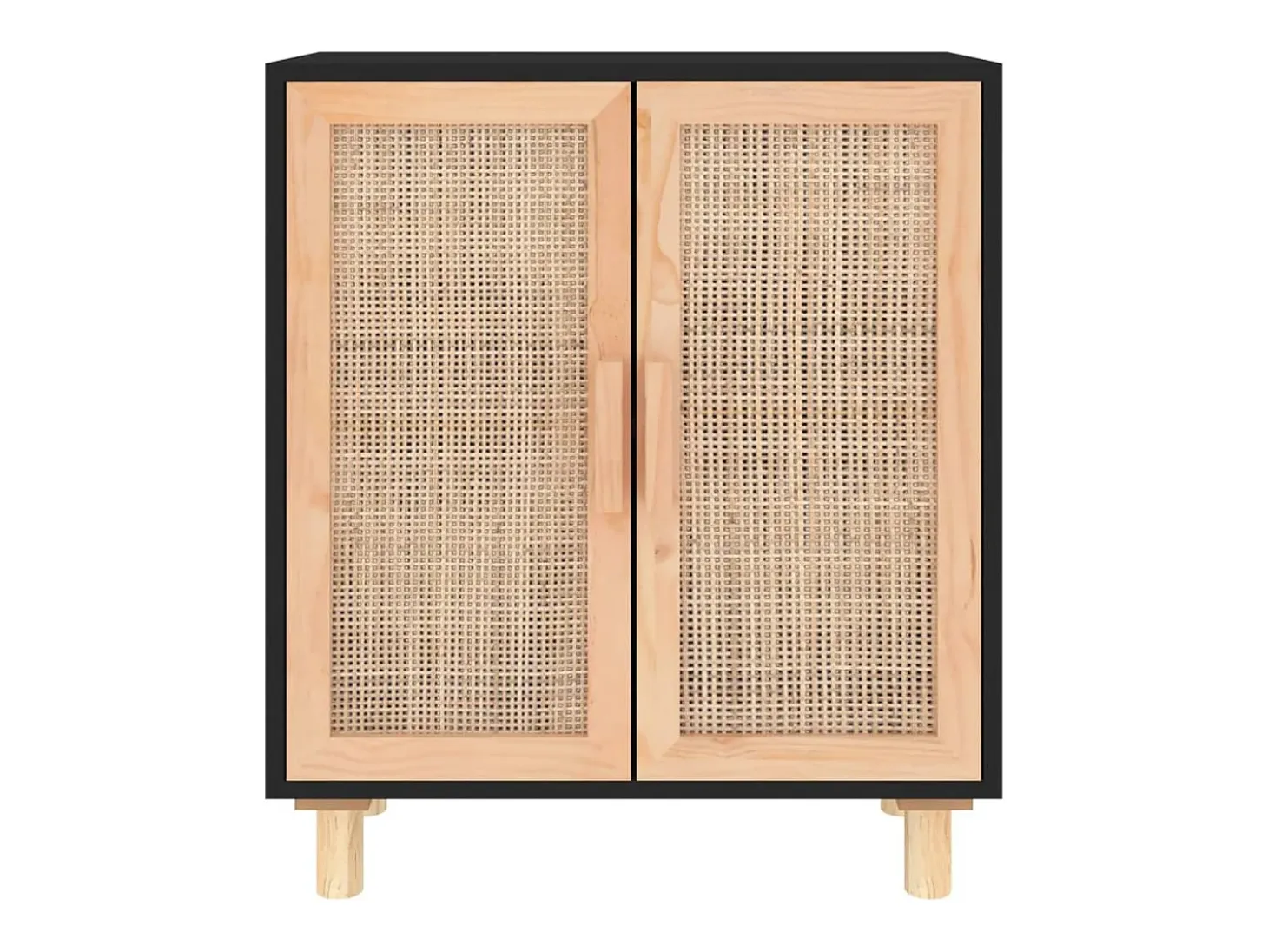 Aparador Negro 60x30x70 cm Madera maciza de pino y ratán natural
