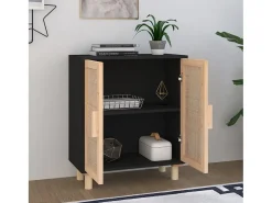Aparador Negro 60x30x70 cm Madera maciza de pino y ratán natural