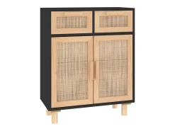 Aparador Negro 60x30x75 cm Madera maciza de pino y ratán natural