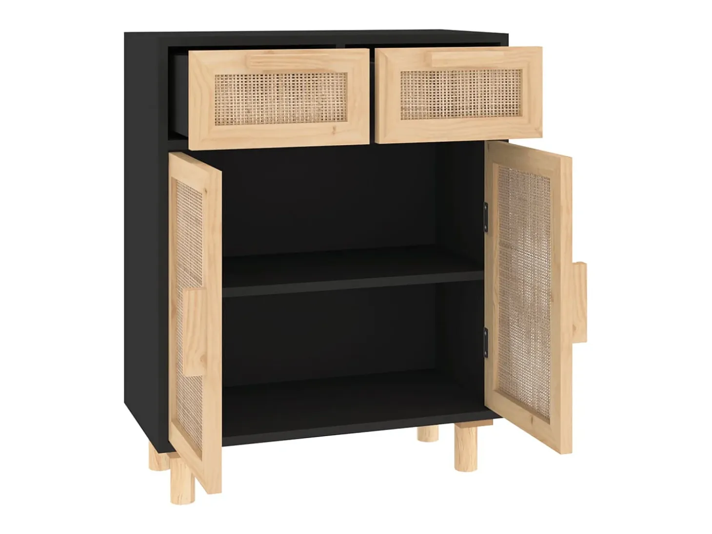 Aparador Negro 60x30x75 cm Madera maciza de pino y ratán natural