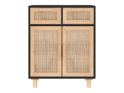 Aparador Negro 60x30x75 cm Madera maciza de pino y ratán natural