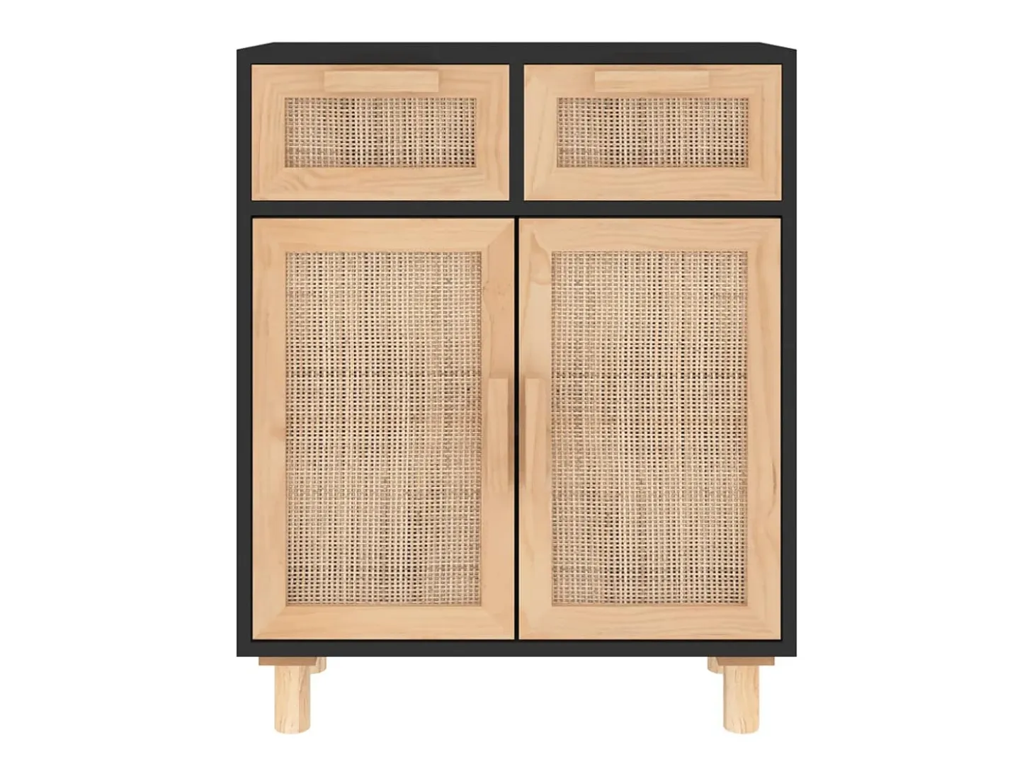 Aparador Negro 60x30x75 cm Madera maciza de pino y ratán natural