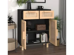 Aparador Negro 60x30x75 cm Madera maciza de pino y ratán natural