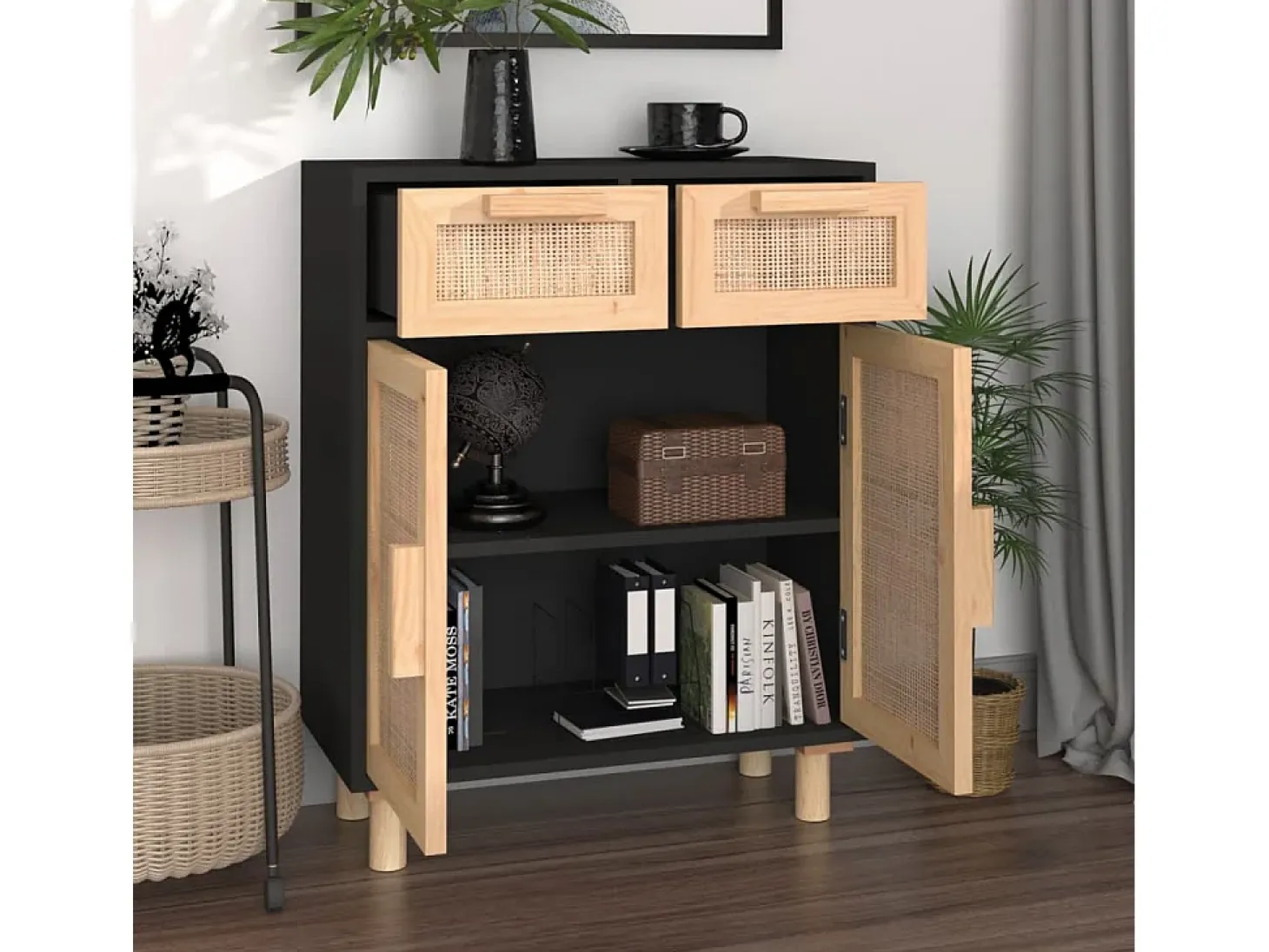 Aparador Negro 60x30x75 cm Madera maciza de pino y ratán natural