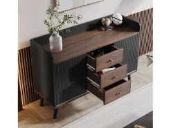 Aparador negro y color madera, con 3 cajones y 2 puertas, tiradores metálicos, para dormitorio y salón
