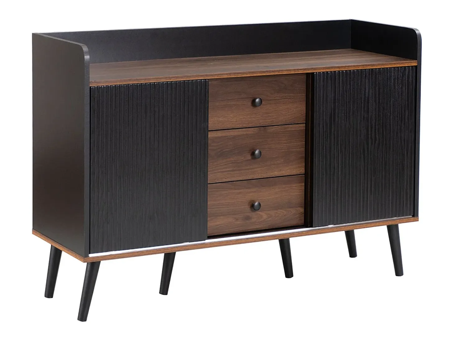 Aparador negro y color madera, con 3 cajones y 2 puertas, tiradores metálicos, para dormitorio y salón