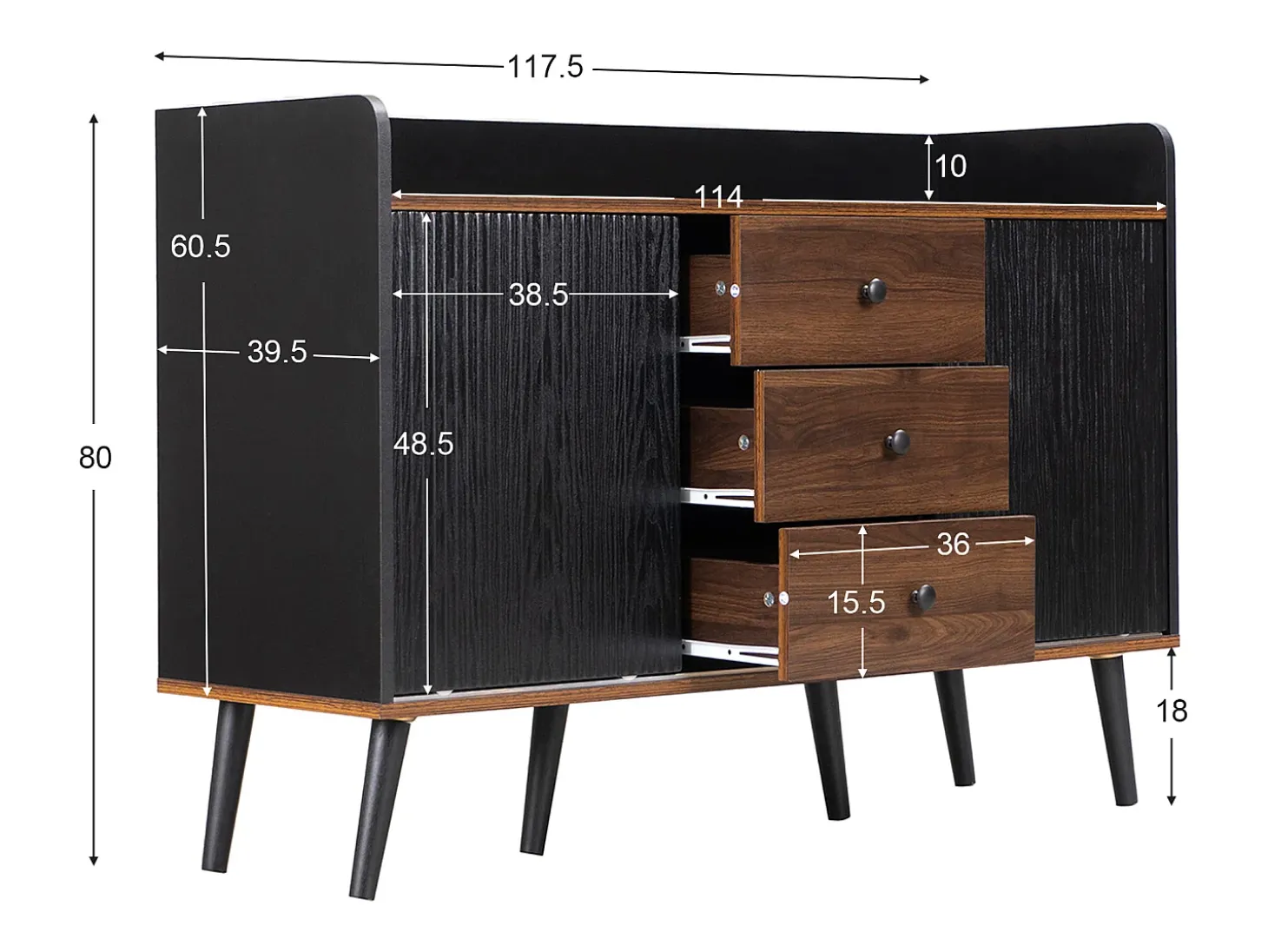 Aparador negro y color madera, con 3 cajones y 2 puertas, tiradores metálicos, para dormitorio y salón