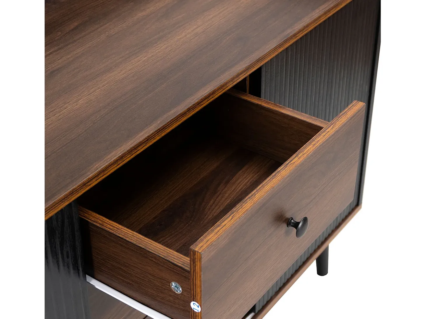 Aparador negro y color madera, con 3 cajones y 2 puertas, tiradores metálicos, para dormitorio y salón
