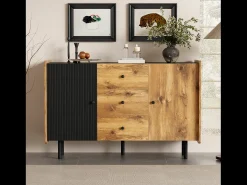 Aparador Negro y Madera 120 cm - Estilo moderno, 2 puertas y 3 cajones