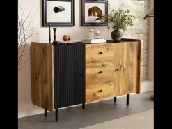 Aparador Negro y Madera 120 cm - Estilo moderno, 2 puertas y 3 cajones
