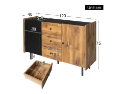 Aparador Negro y Madera 120 cm - Estilo moderno, 2 puertas y 3 cajones