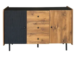 Aparador Negro y Madera 120 cm - Estilo moderno, 2 puertas y 3 cajones