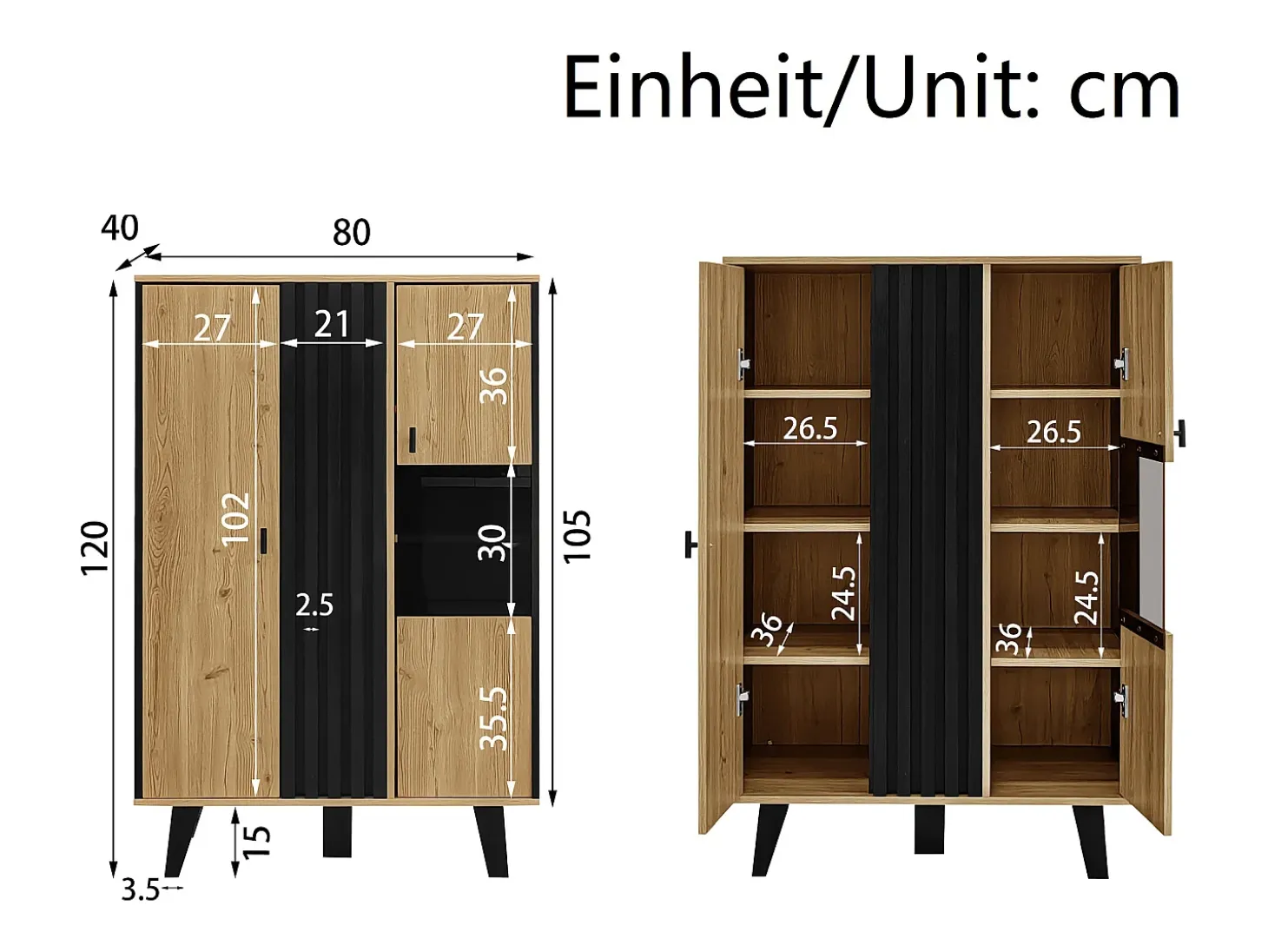 Aparador negro y madera 80x40x120cm con 2 puertas e iluminación LED