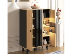 Aparador negro y madera 80x40x120cm con 2 puertas e iluminación LED