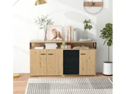 Aparador negro-marrón con 3 puertas y 3 cajones 150 x 35 x 75,9 cm, tablero de partículas