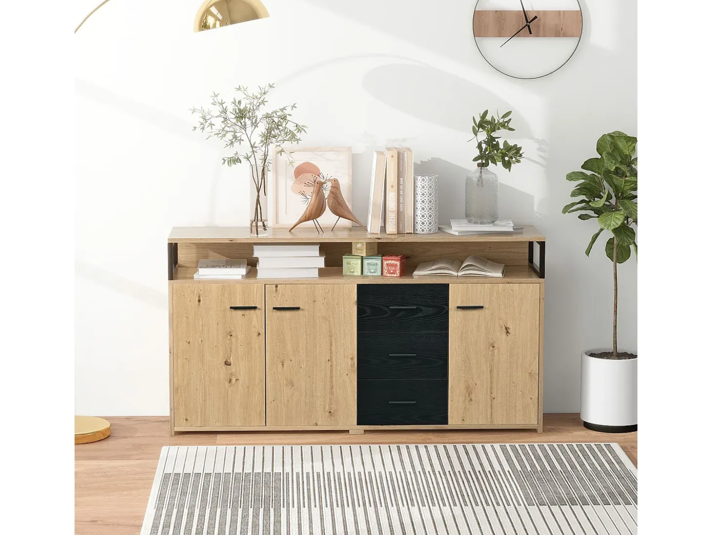 Aparador negro-marrón con 3 puertas y 3 cajones 150 x 35 x 75,9 cm, tablero de partículas