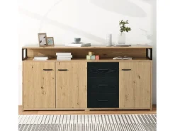 Aparador negro-marrón con 3 puertas y 3 cajones 150 x 35 x 75,9 cm, tablero de partículas