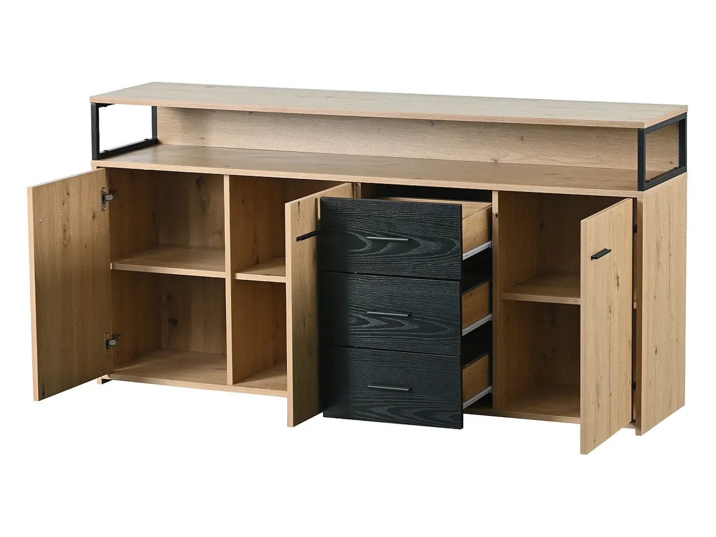 Aparador negro-marrón con 3 puertas y 3 cajones 150 x 35 x 75,9 cm, tablero de partículas