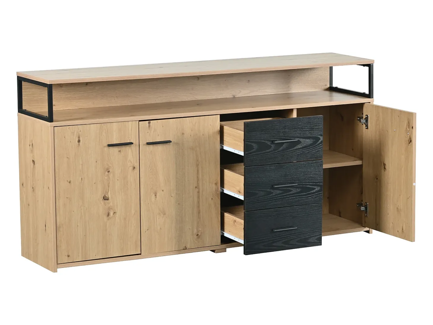 Aparador negro-marrón con 3 puertas y 3 cajones 150 x 35 x 75,9 cm, tablero de partículas