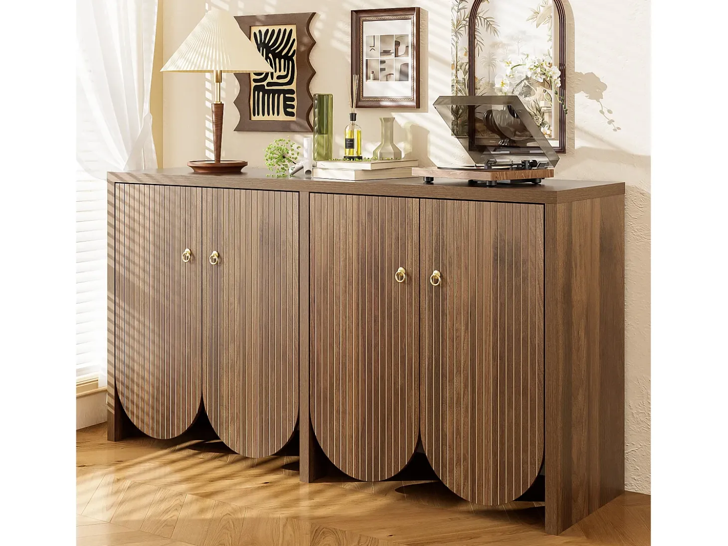 Aparador nogal 147×40×80 cm con 4 puertas, divisiones regulables Retro y elegante Almacenaje multifuncional