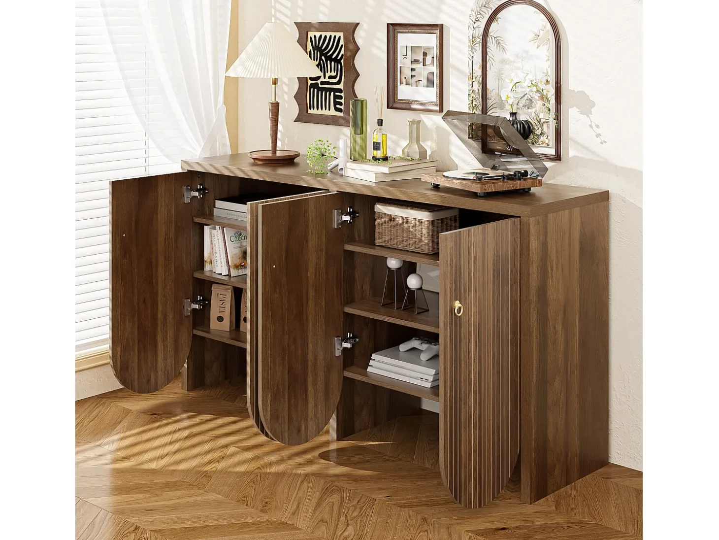 Aparador nogal 147×40×80 cm con 4 puertas, divisiones regulables Retro y elegante Almacenaje multifuncional