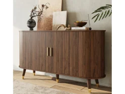 Aparador oval 140x40x79,5 cm - 2 puertas correderas y 2 cajones - Estantes regulables - Patas de madera maciza - MDF - Marrón