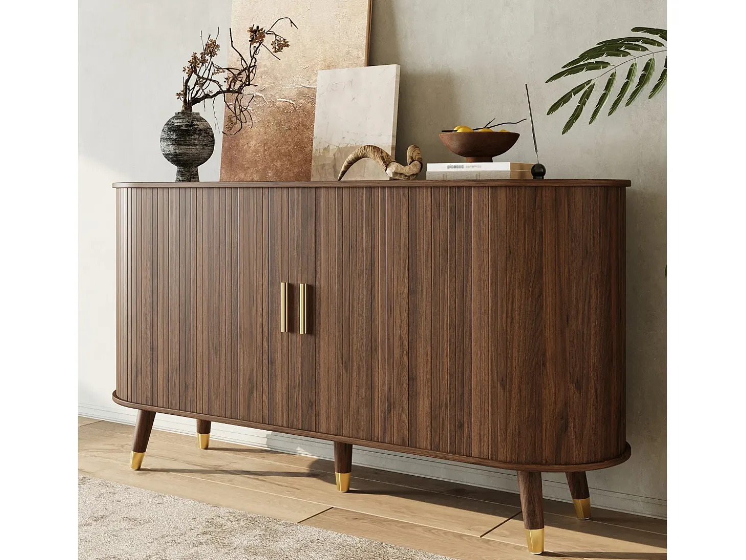 Aparador oval 140x40x79,5 cm - 2 puertas correderas y 2 cajones - Estantes regulables - Patas de madera maciza - MDF - Marrón