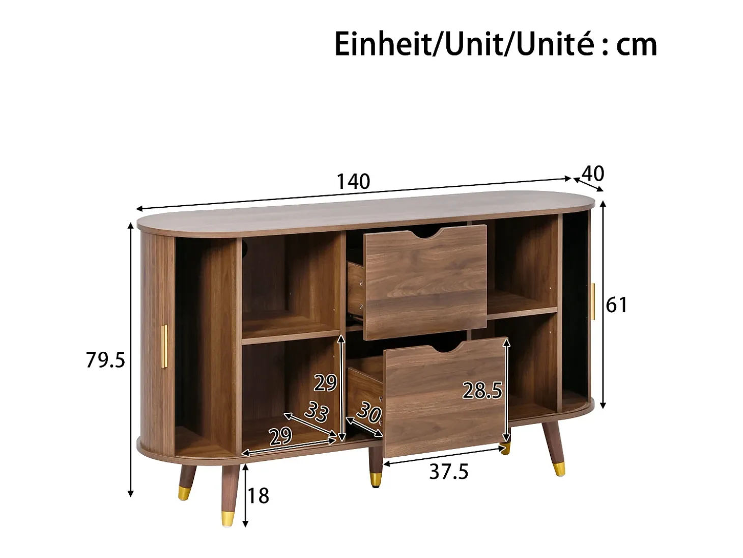 Aparador oval 140x40x79,5 cm - 2 puertas correderas y 2 cajones - Estantes regulables - Patas de madera maciza - MDF - Marrón