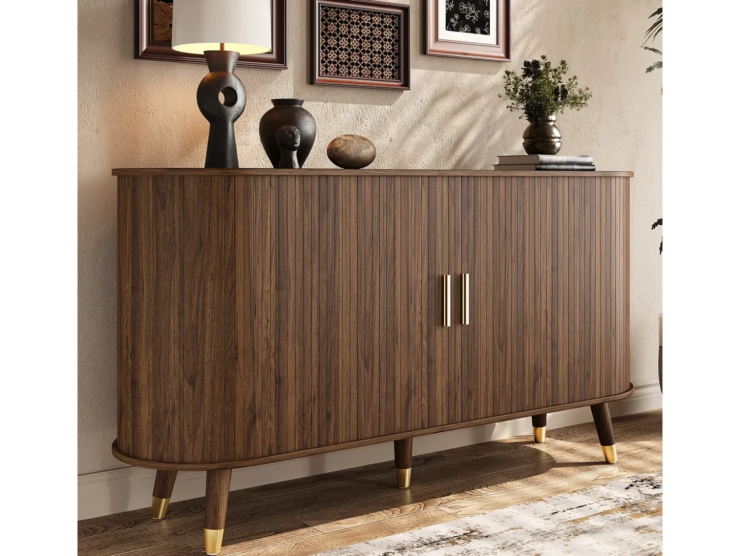 Aparador oval 140x40x79,5 cm - 2 puertas correderas y 2 cajones - Estantes regulables - Patas de madera maciza - MDF - Marrón