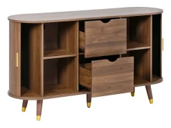 Aparador oval 140x40x79,5 cm - 2 puertas correderas y 2 cajones - Estantes regulables - Patas de madera maciza - MDF - Marrón