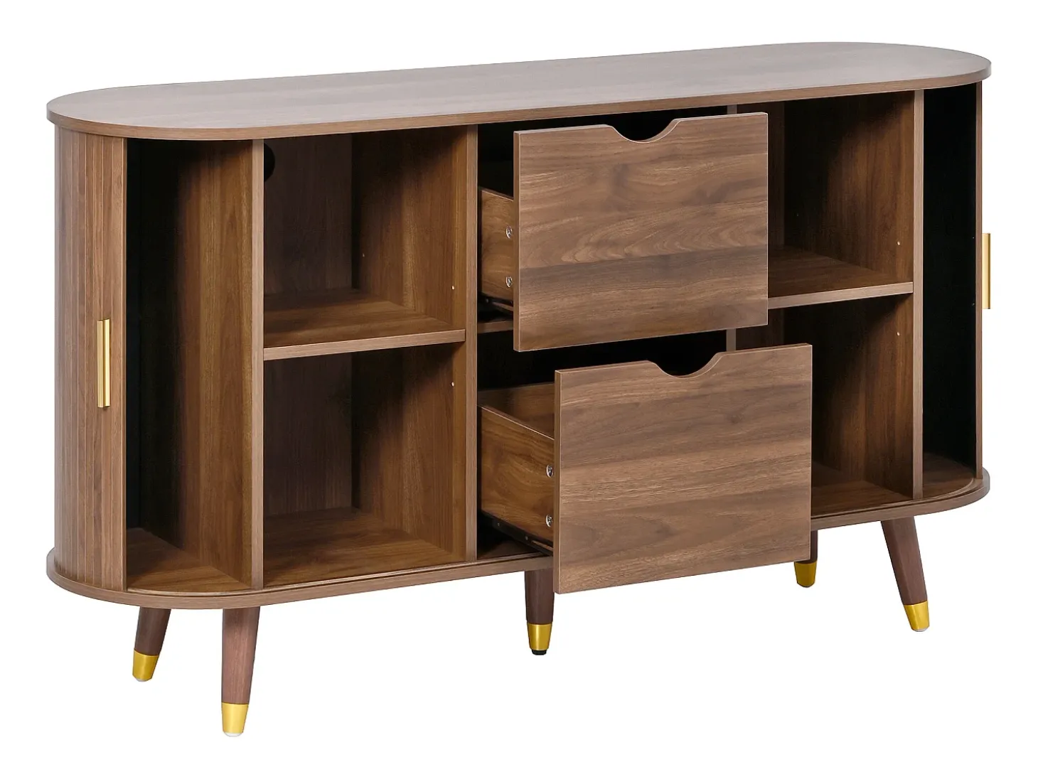 Aparador oval 140x40x79,5 cm - 2 puertas correderas y 2 cajones - Estantes regulables - Patas de madera maciza - MDF - Marrón